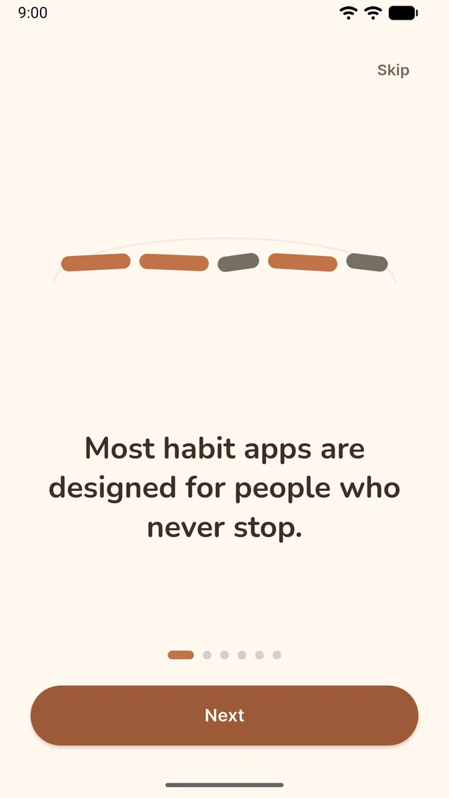 Keeva's first onboarding screen, reading 'Most habit apps are designed for people who never stop.'