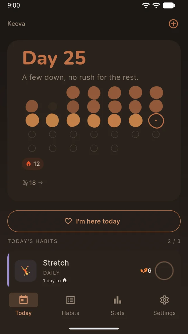 Keeva Today screen in dark mode — Day 25, the line 'a few down, no rush for the rest', habits with streak counts