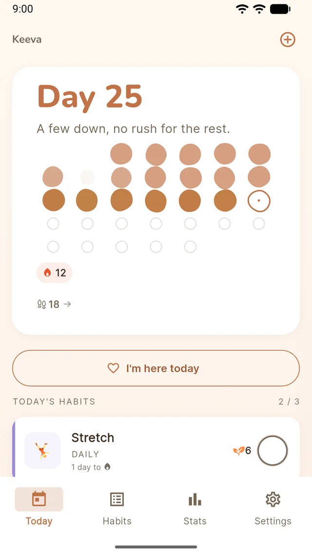 Keeva Today screen — Day 25, two of three habits done, a 12-day streak and a gentle 'I'm here today' prompt
